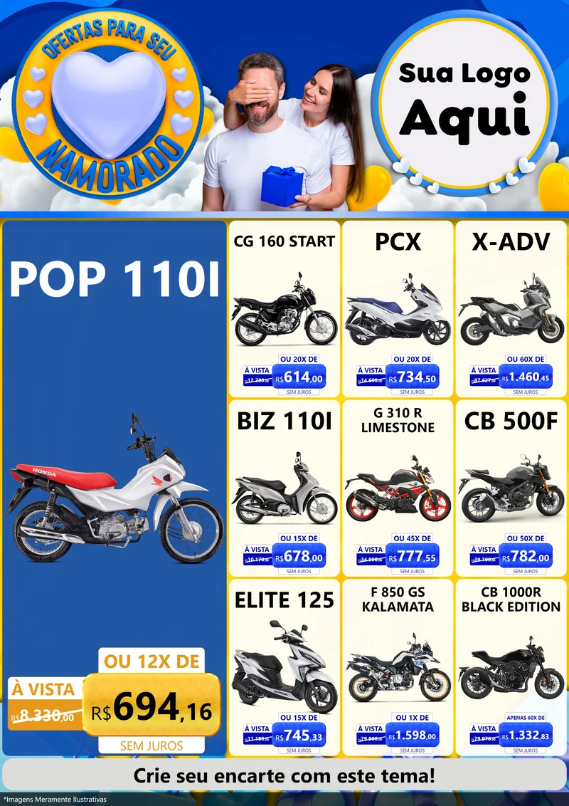 Modelo de Encarte para Encarte A4 Vertical com o tema Ofertas Para Seu Namorado para Concessionaria de Motos
