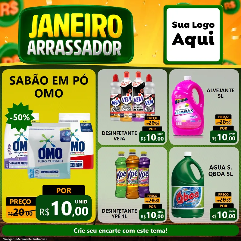 Modelo de Rede Social para Feed Facebook com o tema Janeiro Arrasador para Produtos de Limpeza