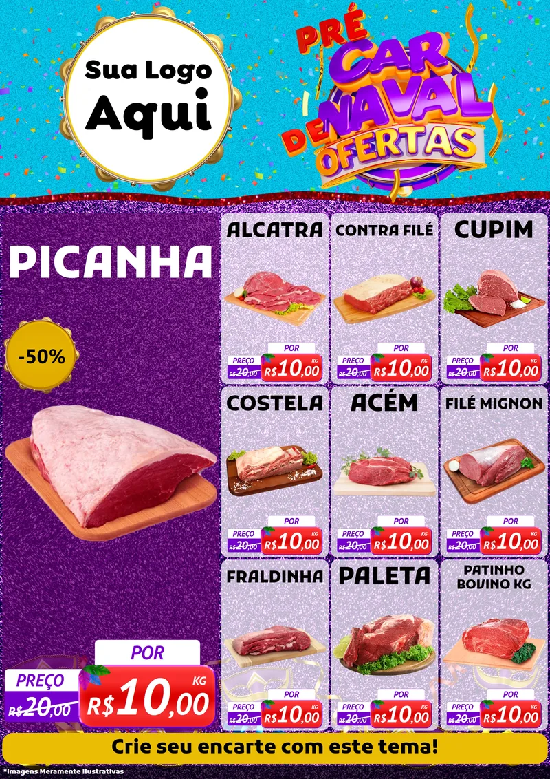 Modelo de Encarte para Encarte A4 Vertical com o tema Pré Carnaval de Ofertas para Açougue