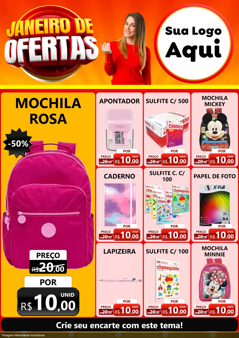 Modelo de Encarte para Encarte A4 Vertical com o tema Janeiro de Ofertas para Papelaria