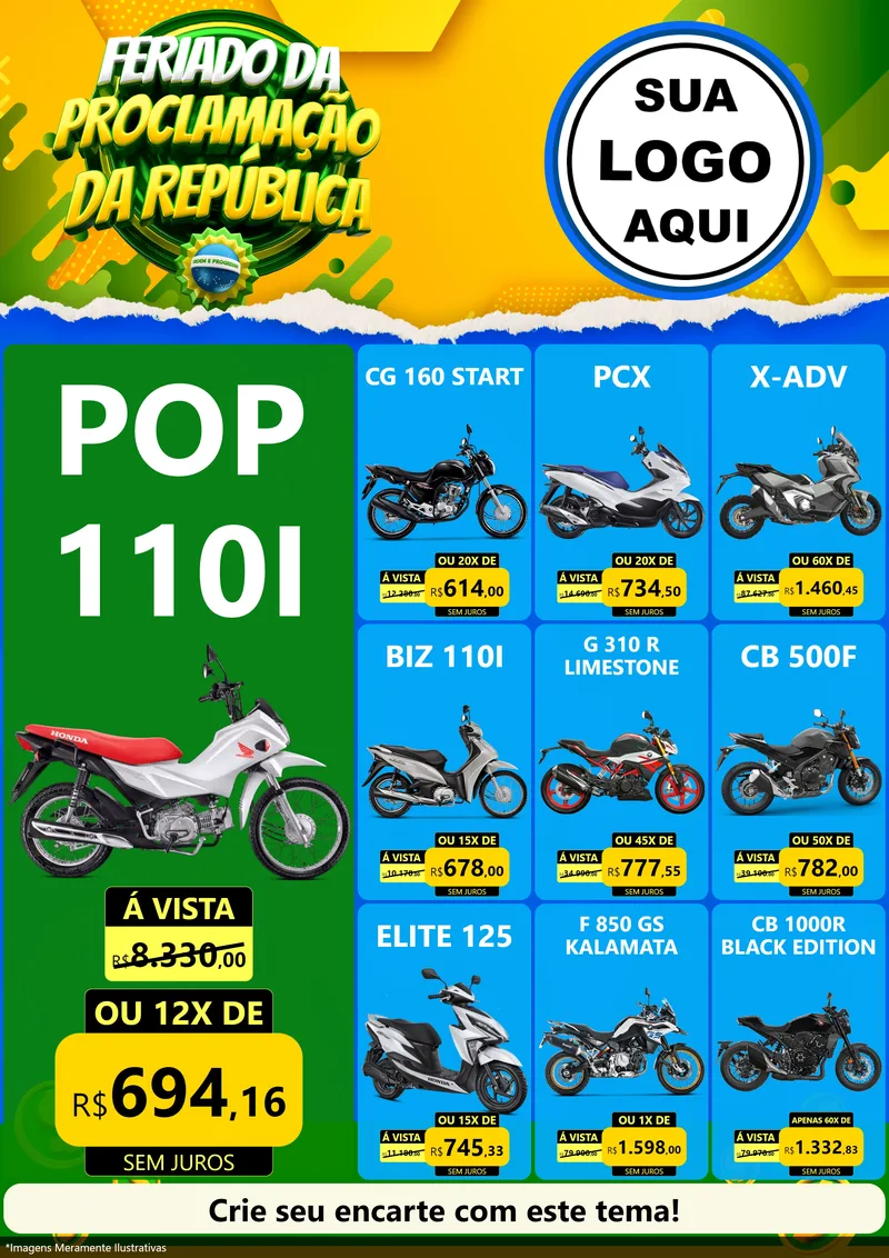 Modelo de Encarte para Encarte A4 Vertical com o tema Feriado da Proclamação da República para Concessionaria de Motos