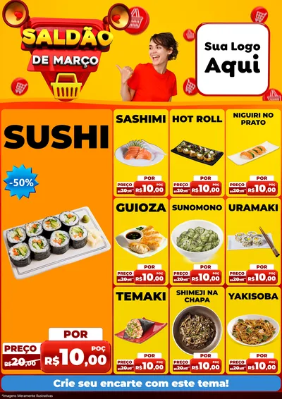 Modelo de Encarte para Encarte A4 Vertical com o tema Saldão de Março para Comida japonesa