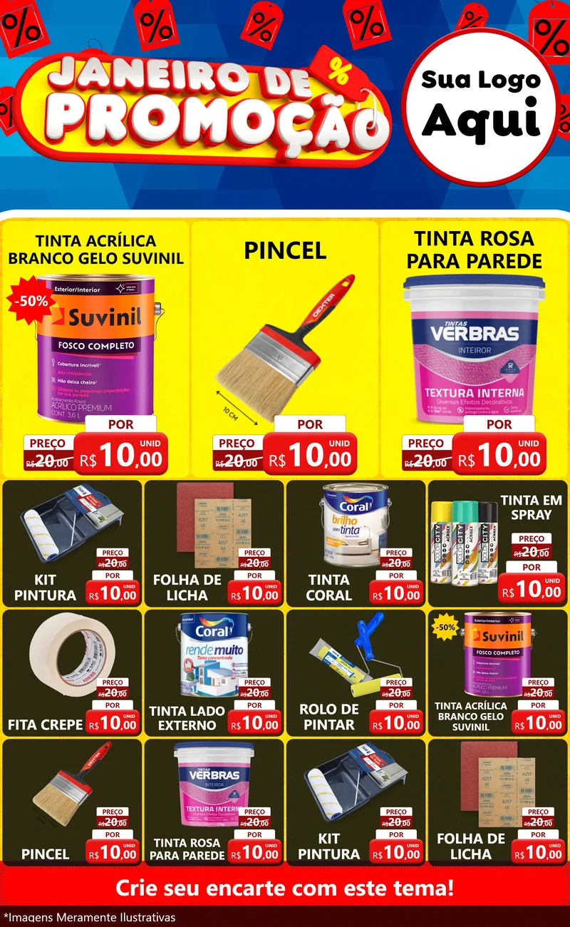 Modelo de Encarte para Encarte Grande com o tema Janeiro de Promoção para Tintas e Ferramentas