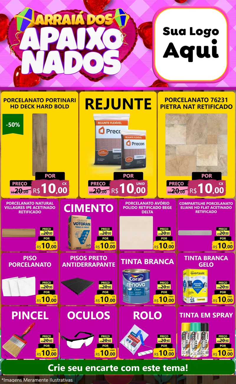 Modelo de Encarte para Encarte Grande com o tema Arraiá dos Apaixonados para Pisos e revestimentos