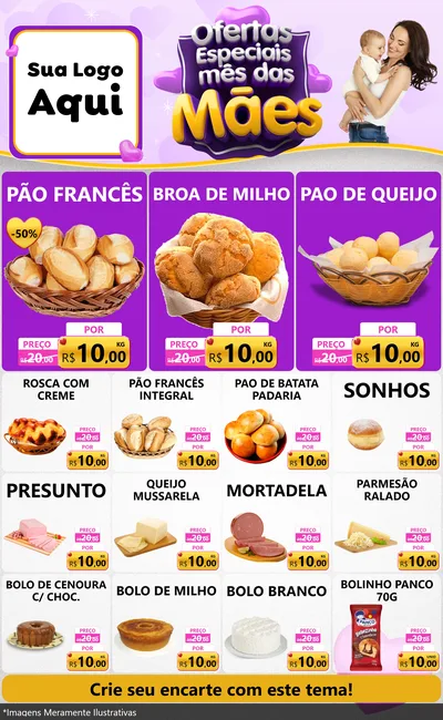 Modelo de Encarte para Encarte Grande com o tema Ofertas Especiais - Mês das Mães para Padaria