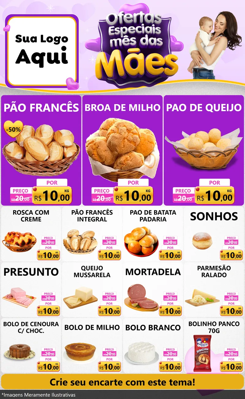 Modelo de Encarte para Encarte Grande com o tema Ofertas Especiais - Mês das Mães para Padaria