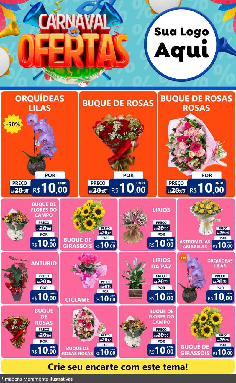 Modelo de Encarte para Encarte Grande com o tema Carnaval de Ofertas para Floricultura e jardim