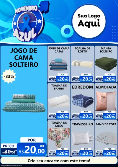 Modelo de Encarte para Encarte A4 Vertical com o tema Novembro Azul para Cama, Mesa e Banho