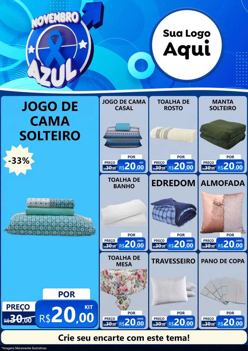 Modelo de Encarte para Encarte A4 Vertical com o tema Novembro Azul para Cama, Mesa e Banho