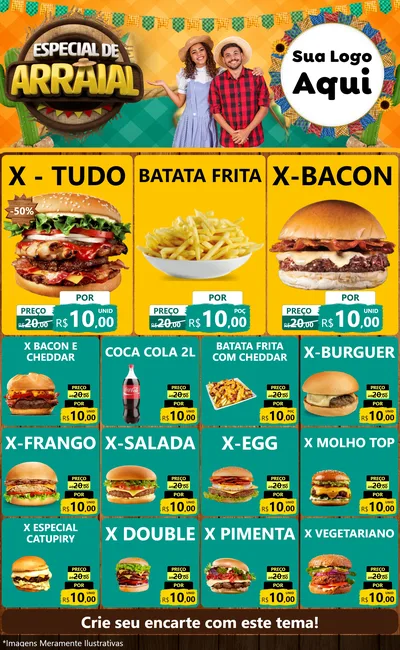 Modelo de Encarte para Encarte Grande com o tema Especial De Arraial para Hamburgueria