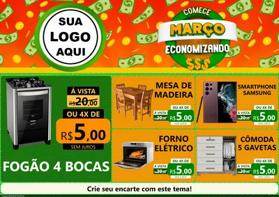 Modelo de Encarte para Encarte A4 Horizontal com o tema Comece Março Economizando para Móveis e Eletro