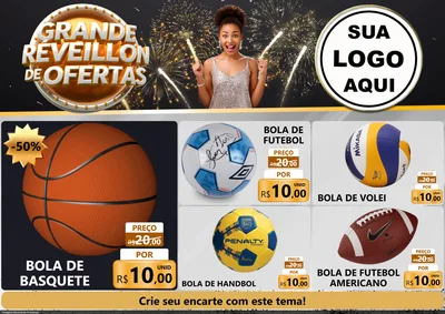 Modelo de Encarte para Encarte A4 Horizontal com o tema Grande Réveillon de Ofertas para Artigos Esportivos