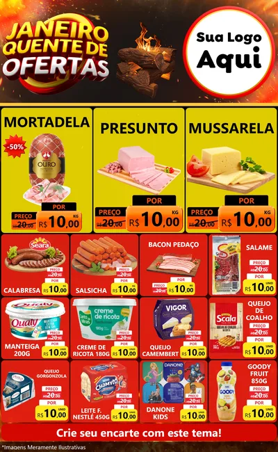 Modelo de Encarte para Encarte Grande com o tema Janeiro Quente de Ofertas para Frios e Laticínios