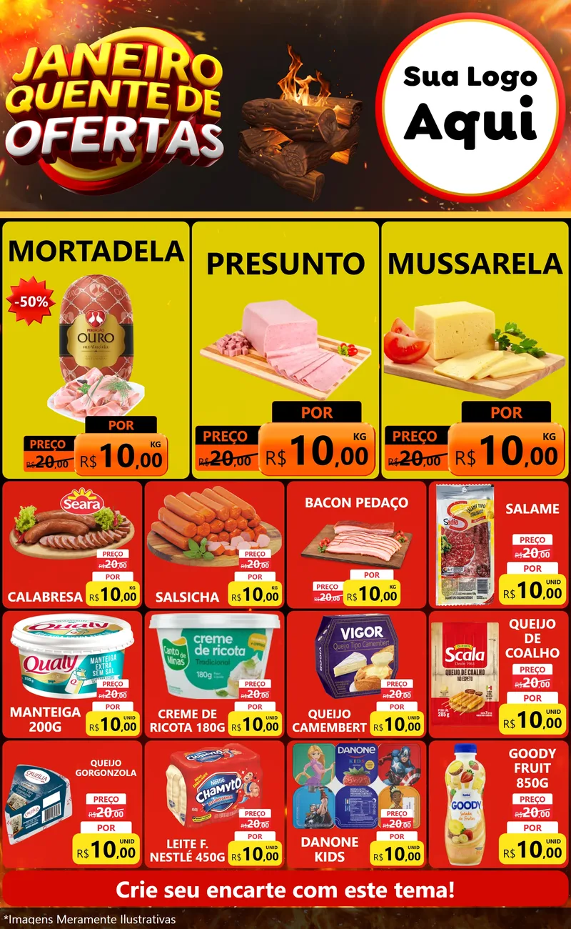 Modelo de Encarte para Encarte Grande com o tema Janeiro Quente de Ofertas para Frios e Laticínios