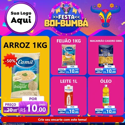 Modelo de Rede Social para Feed Facebook com o tema Festa Boi-Bumbá para Supermercado