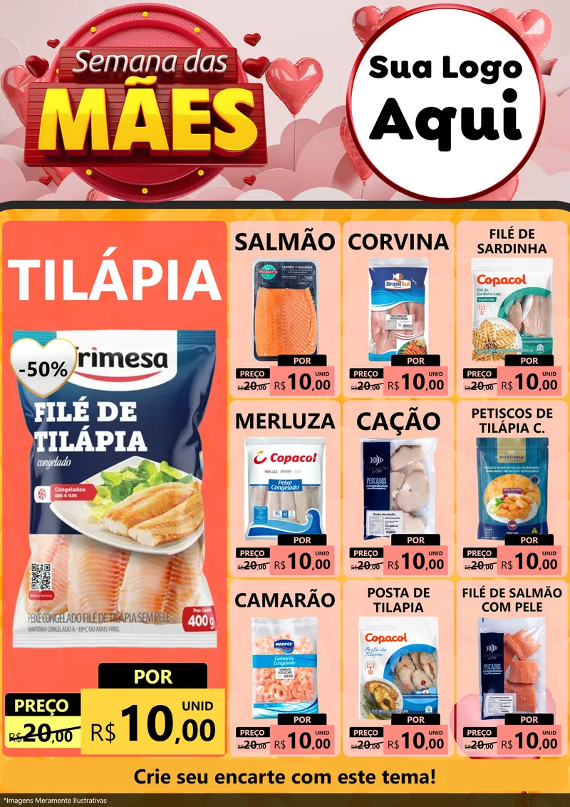 Modelo de Encarte para Encarte A4 Vertical com o tema Semana das Mães para Peixaria
