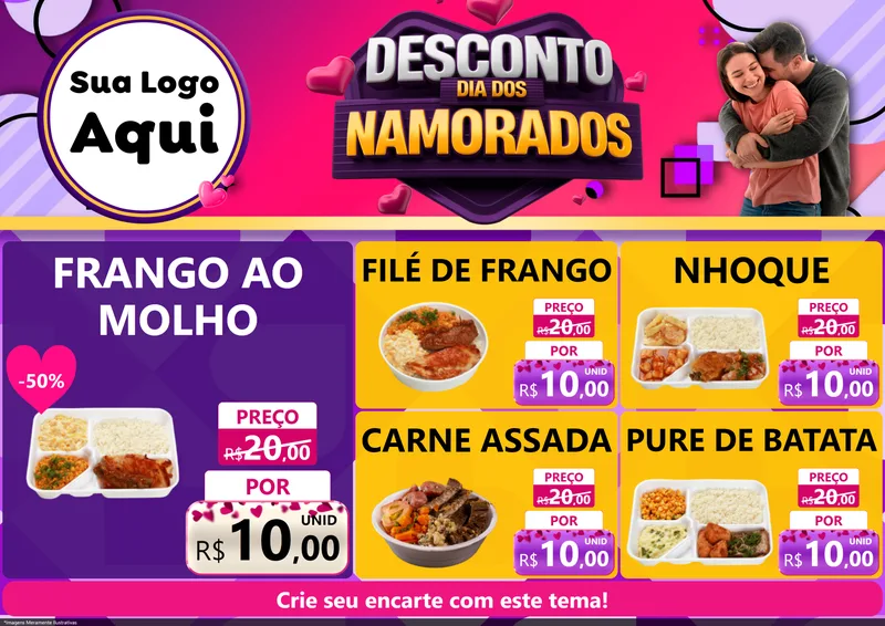Modelo de Encarte para Encarte A4 Horizontal com o tema Desconto Dia dos Namorados para Restaurante