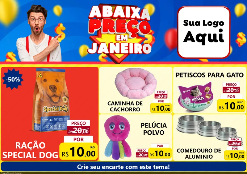 Modelo de Encarte para Encarte A4 Horizontal com o tema Abaixa Preço em Janeiro para Pet Shop