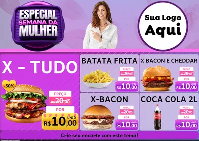 Modelo de Encarte para Encarte A4 Horizontal com o tema Especial Semana da Mulher para Hamburgueria