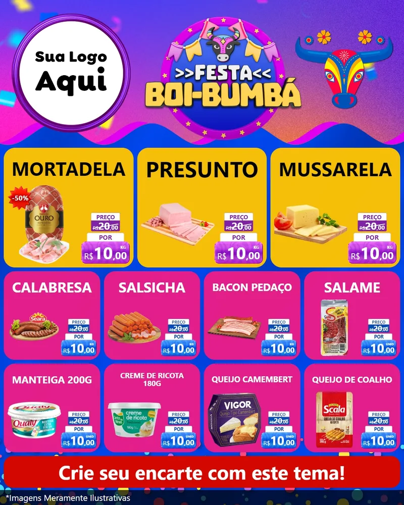 Modelo de Rede Social para Feed Instagram com o tema Festa Boi-Bumbá para Frios e Laticínios