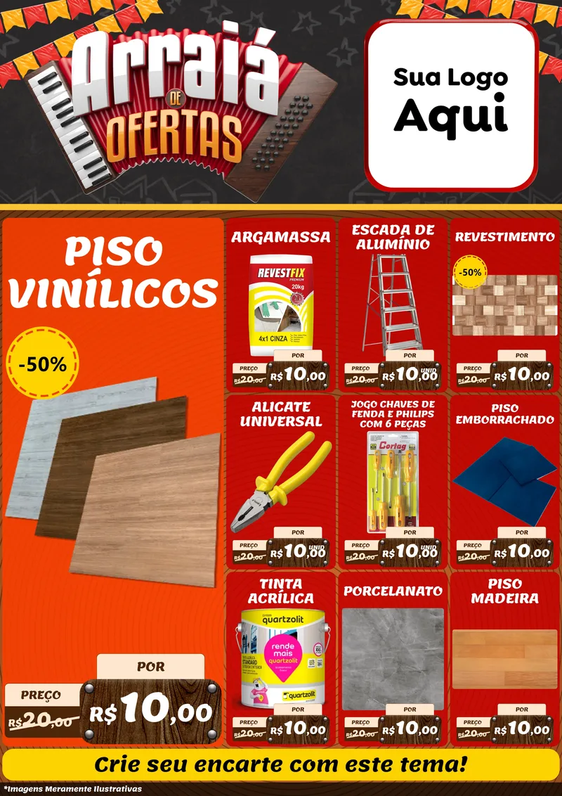 Modelo de Encarte para Encarte A4 Vertical com o tema Arraiá de Ofertas - Junina para Material para Construção