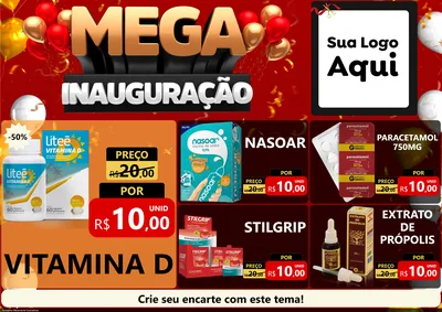 Modelo de Encarte para Encarte A4 Horizontal com o tema Mega Inauguração para Farmácia