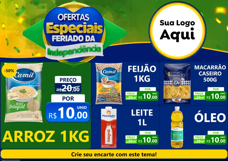 Modelo de Encarte para Encarte A4 Horizontal com o tema Ofertas Especiais Feriado da Independência para Supermercado