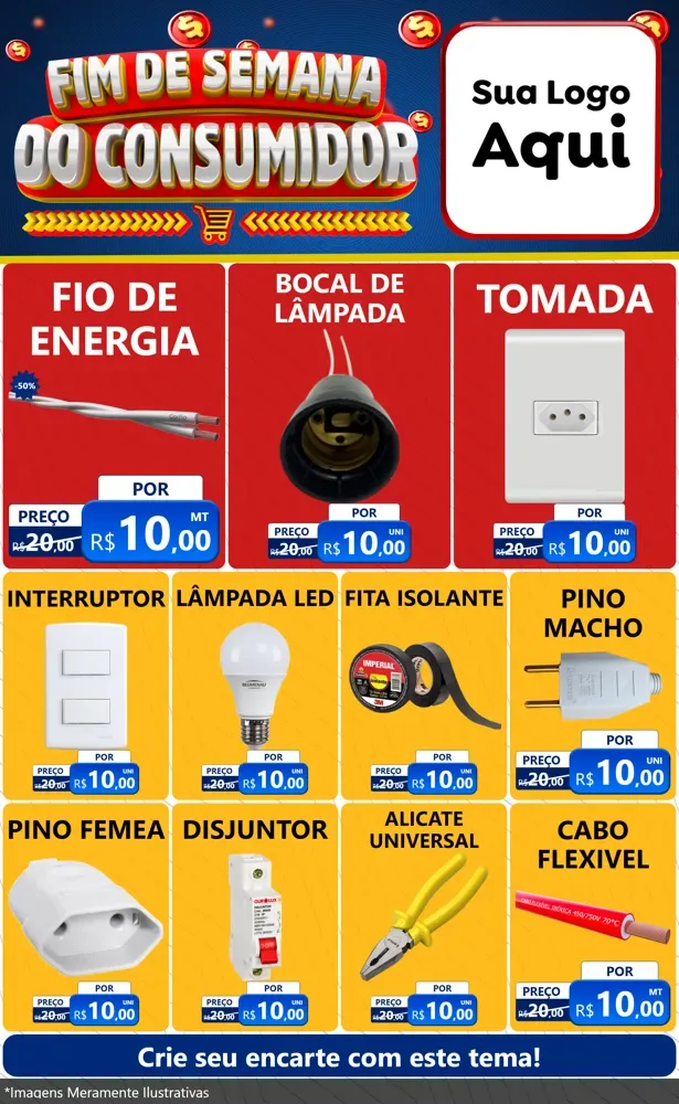 Modelo de Encarte para Encarte Grande com o tema Fim de Semana do Consumidor para Materiais Elétricos