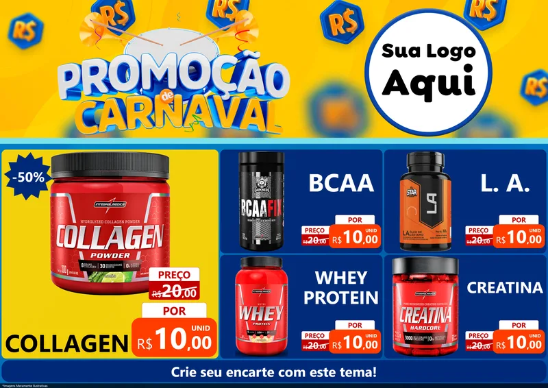 Modelo de Encarte para Encarte A4 Horizontal com o tema Promoção de Carnaval para Suplementos alimentares