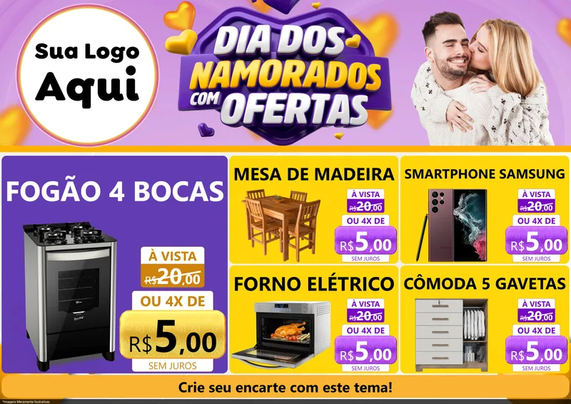 Modelo de Encarte para Encarte A4 Horizontal com o tema Dia Dos Namorados Com Ofertas para Móveis e Eletro