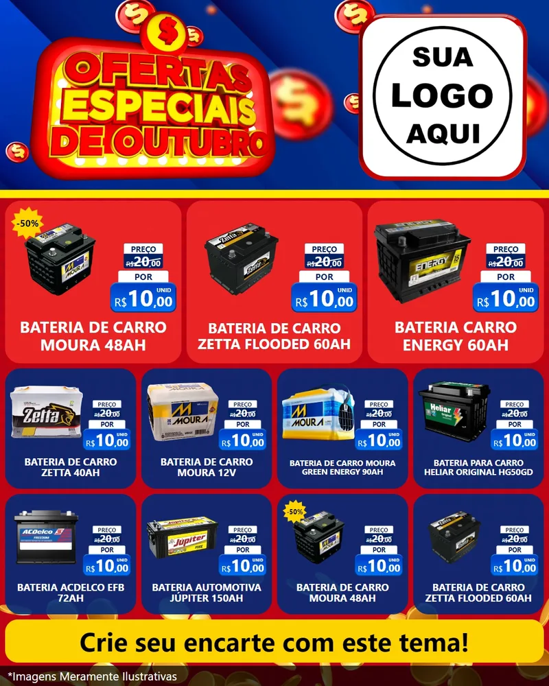 Modelo de Rede Social para Feed Instagram com o tema Ofertas Especiais de Outubro para Baterias Elétricas