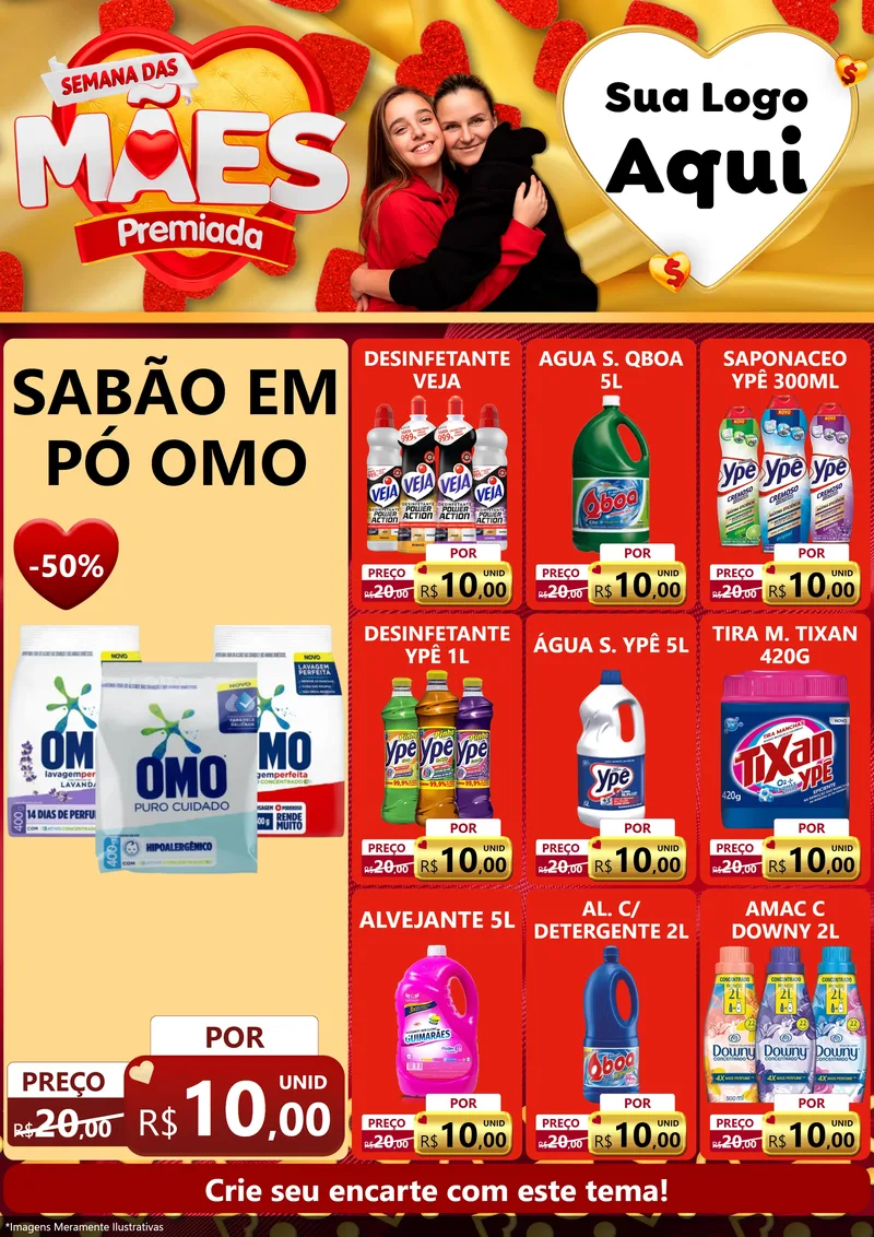 Modelo de Encarte para Encarte A4 Vertical com o tema Semana das Mães Premiada para Produtos de Limpeza