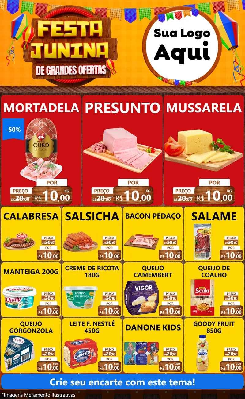 Modelo de Encarte para Encarte Grande com o tema Festa Junina de Grandes Ofertas para Frios e Laticínios