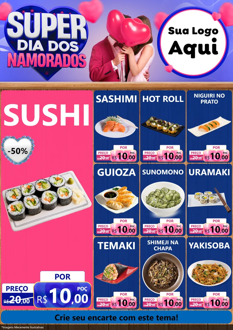 Modelo de Encarte para Encarte A4 Vertical com o tema Super Dia dos Namorados para Comida japonesa