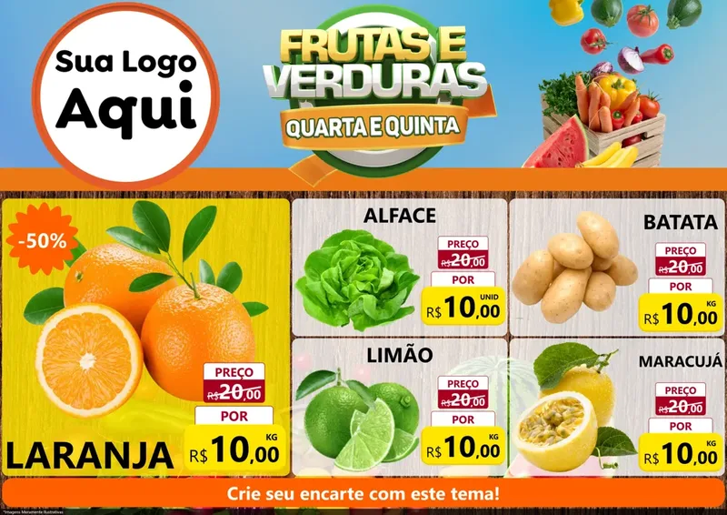 Modelo de Encarte para Encarte A4 Horizontal com o tema Frutas e Verduras Quarta e Quinta para Hortifrúti