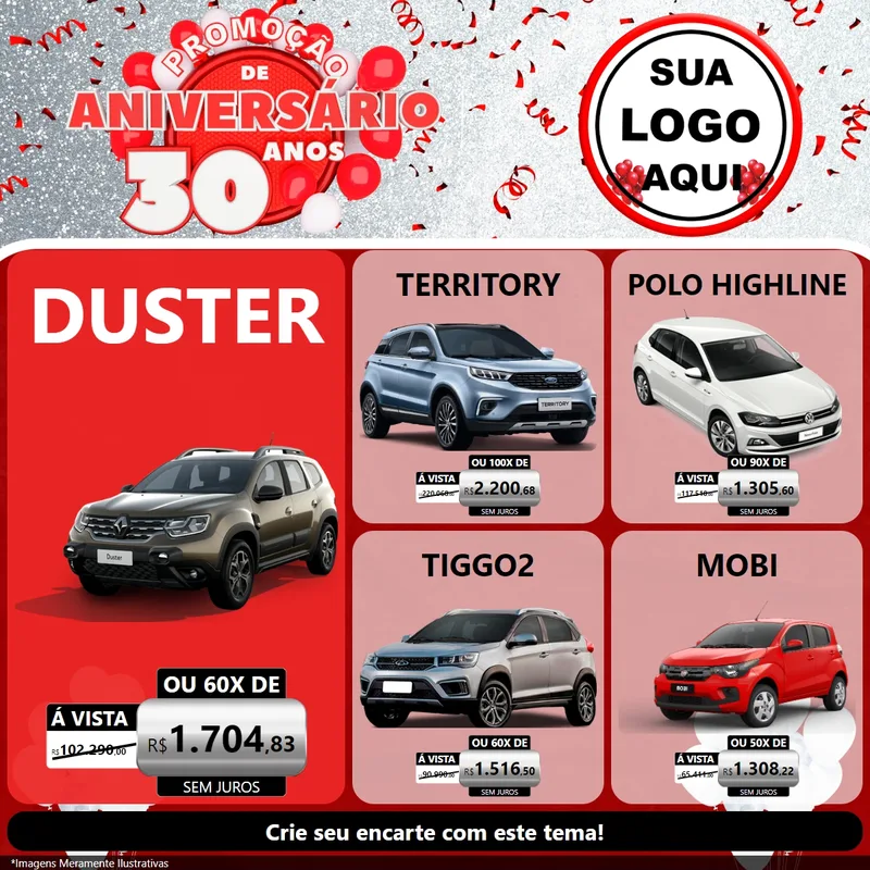 Modelo de Rede Social para Feed Facebook com o tema Promoção de Aniversário - 30 Anos para Concessionaria de Carros