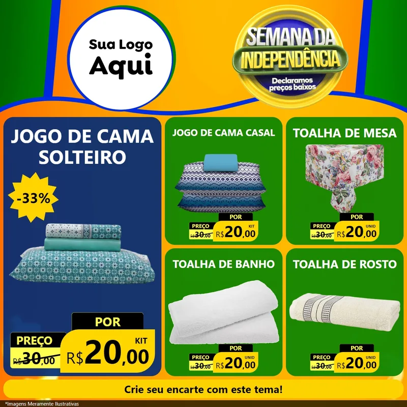 Modelo de Rede Social para Feed Facebook com o tema Semana da Independência Declaramos Preços Baixos para Cama, Mesa e Banho