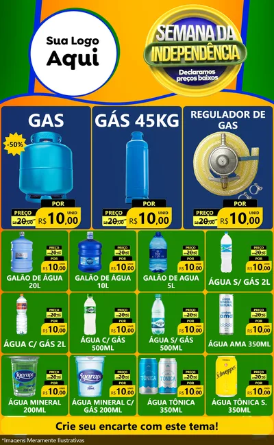 Modelo de Encarte para Encarte Grande com o tema Semana da Independência Declaramos Preços Baixos para Água e gás