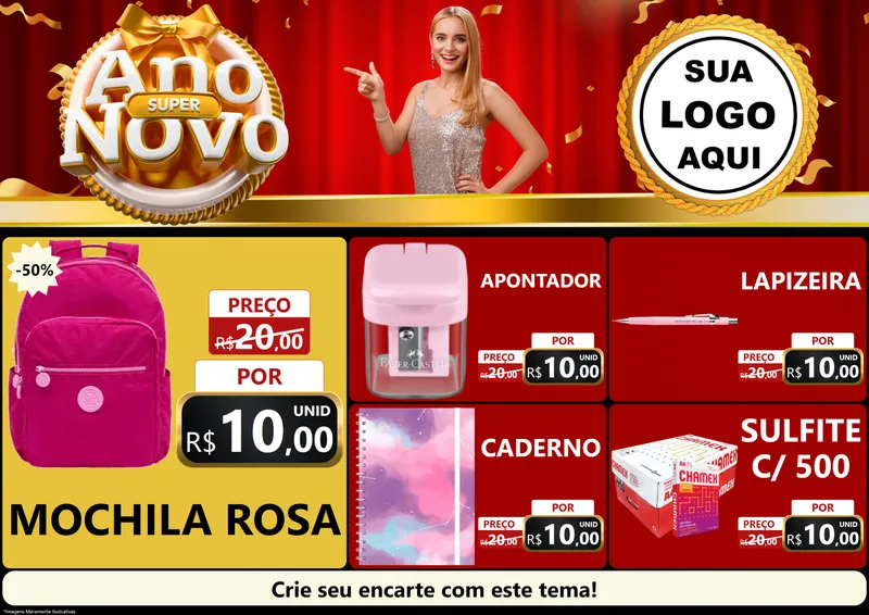 Modelo de Encarte para Encarte A4 Horizontal com o tema Super Ano Novo para Papelaria