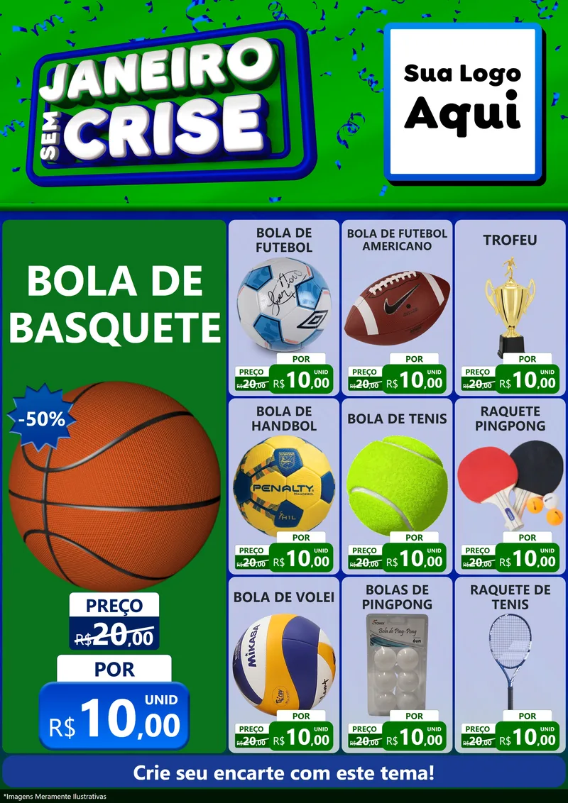 Modelo de Encarte para Encarte A4 Vertical com o tema Janeiro Sem Crise para Artigos Esportivos