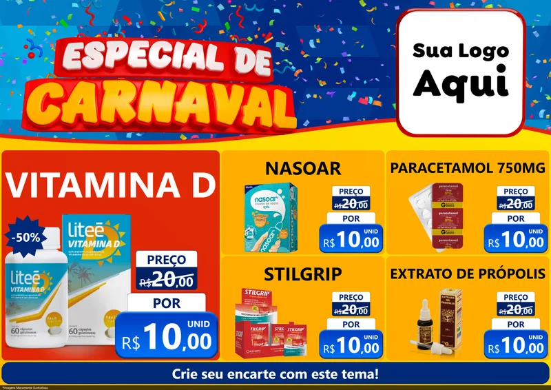 Modelo de Encarte para Encarte A4 Horizontal com o tema Especial de Carnaval para Farmácia