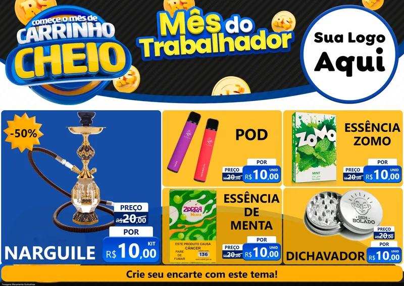 Modelo de Encarte para Encarte A4 Horizontal com o tema Comece o Mês de Carrinho Cheio para Tabacaria