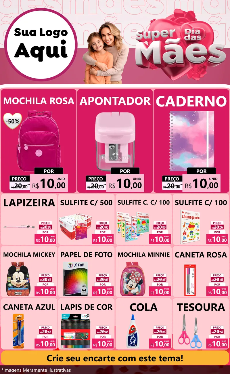 Modelo de Encarte para Encarte Grande com o tema Super Dia Das Mães para Papelaria