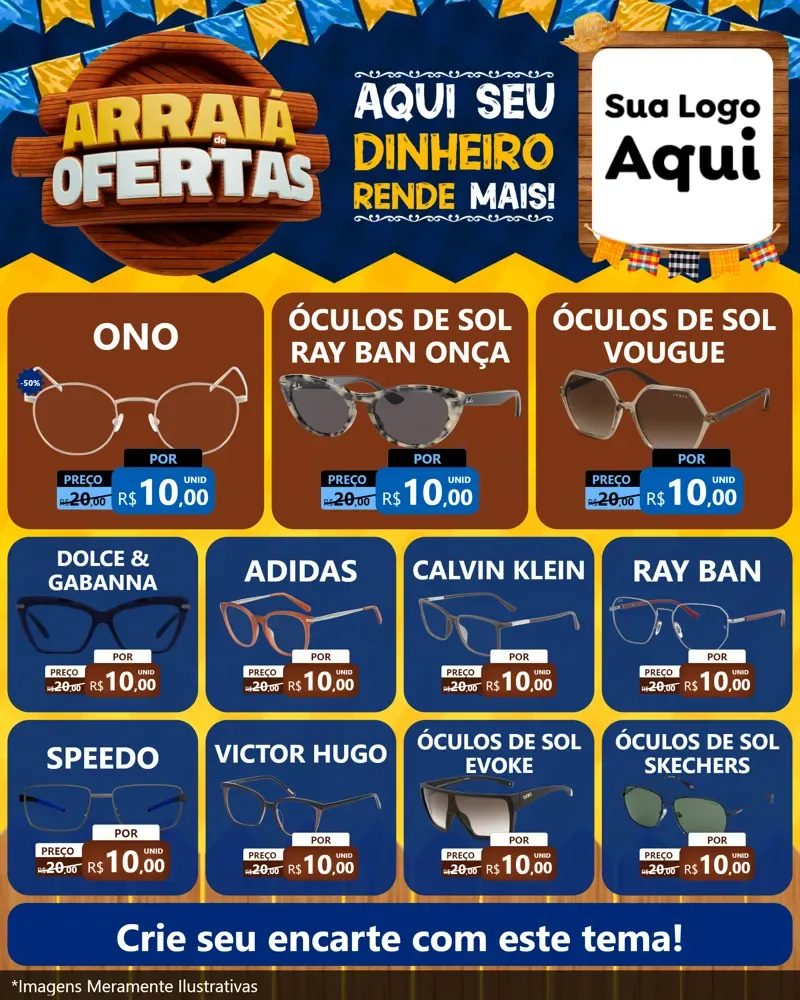 Modelo de Rede Social para Feed Instagram com o tema Arraiá de Ofertas - Junina para Óticas