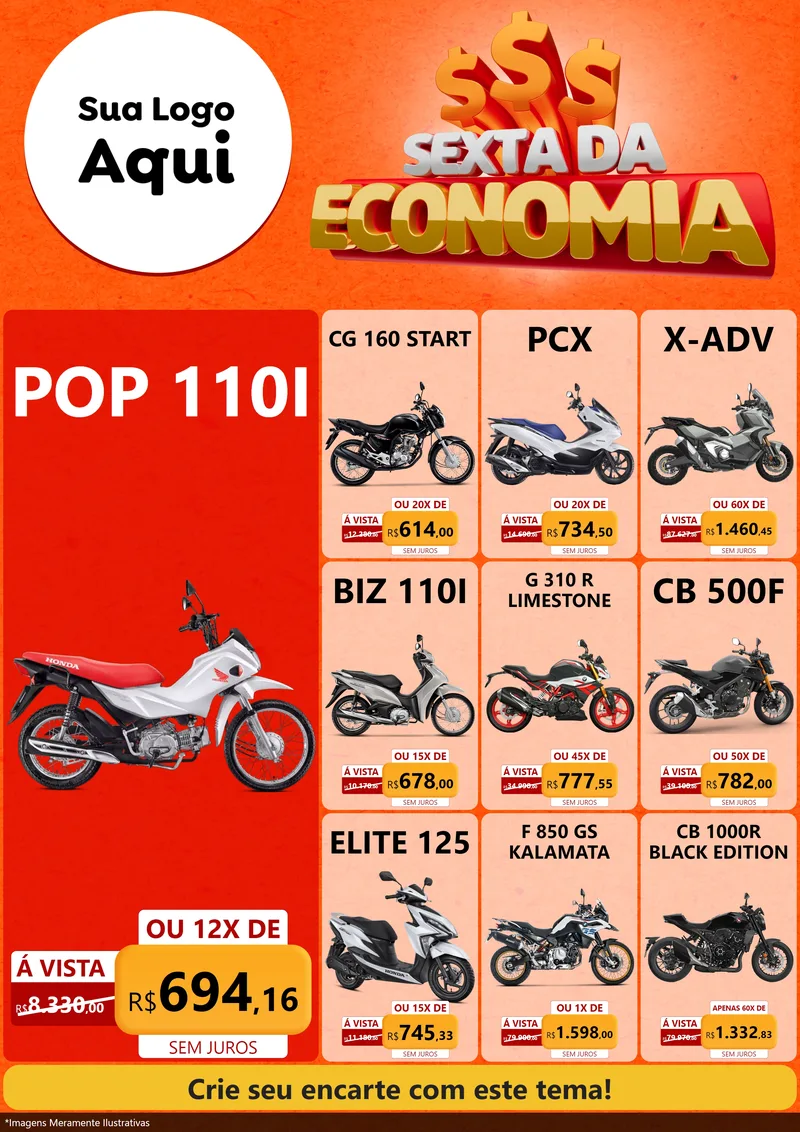 Modelo de Encarte para Encarte A4 Vertical com o tema Sexta da Economia para Concessionaria de Motos