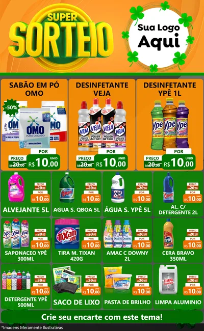 Modelo de Encarte para Encarte Grande com o tema Super Sorteio para Produtos de Limpeza