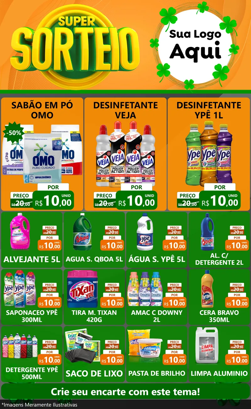 Modelo de Encarte para Encarte Grande com o tema Super Sorteio para Produtos de Limpeza
