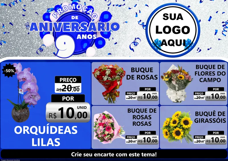 Modelo de Encarte para Encarte A4 Horizontal com o tema Promoção de Aniversário - 9 Anos para Floricultura e jardim