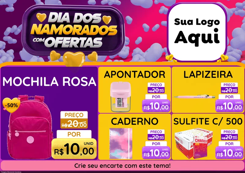 Modelo de Encarte para Encarte A4 Horizontal com o tema Dia Dos Namorados Com Ofertas para Papelaria