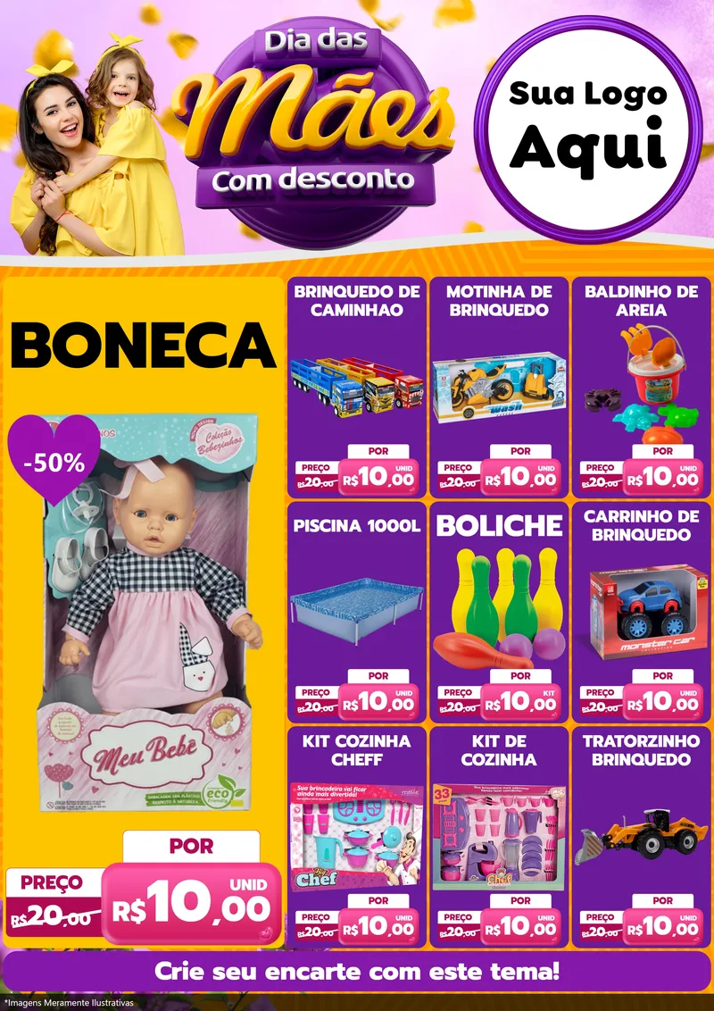 Modelo de Encarte para Encarte A4 Vertical com o tema Dia das Mães com Desconto para Brinquedos